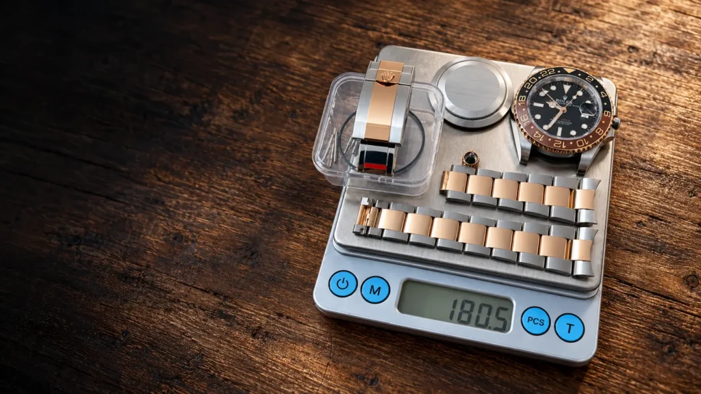 Rolex GMT Master II watch case and bracelet links sit on a digital scale reading 180.5 grams, suggesting high quality craftsmanship