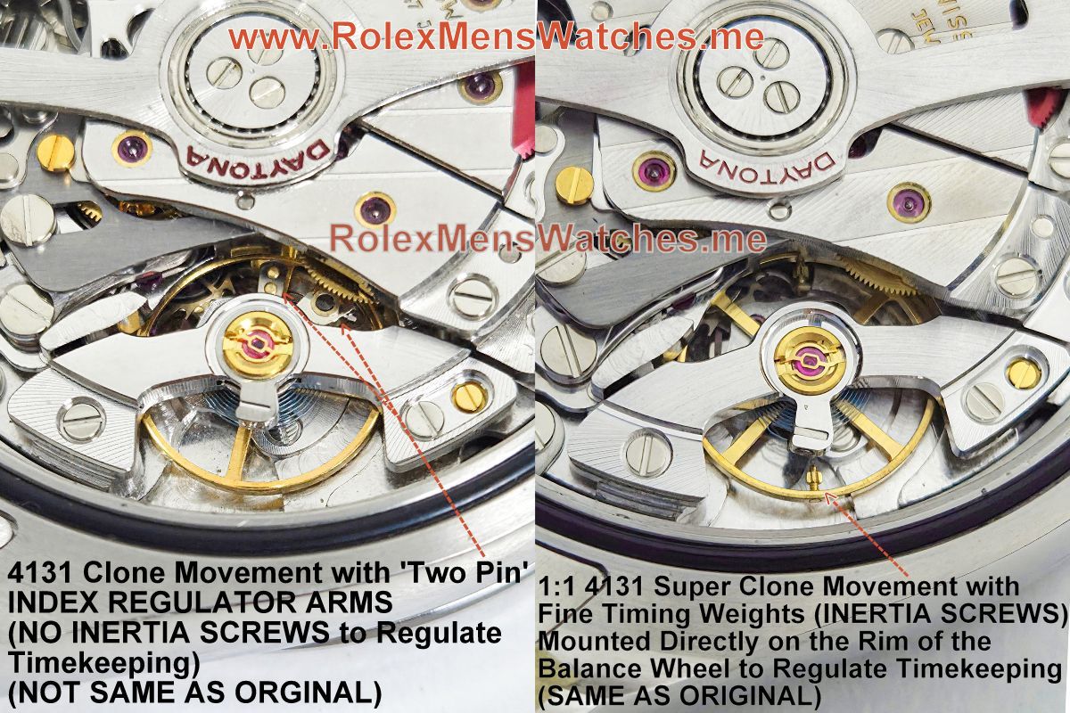 Split close-up comparing Rolex caliber 4131 free sprung balance wheel movement with VS4131 regulator index movement