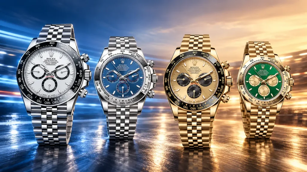 Rolex Daytona watches in different dial colours with custom made jubilee bracelet made by RX factory