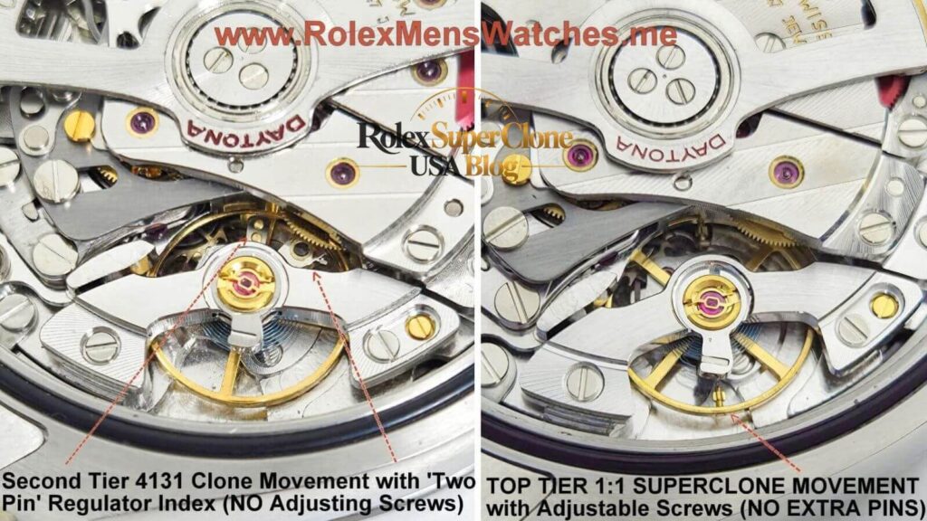 Split close-up compares Rolex caliber 4131 free sprung balance wheel clone movement with regulator index clone movement